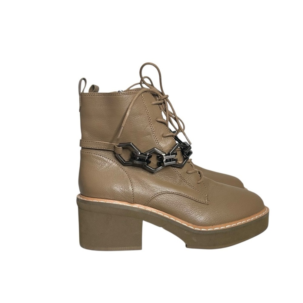 Vince Camuto Keltana Leather Taupe Combat Block Heel Boots With Chain Size 8.5 - Picture 6 of 10